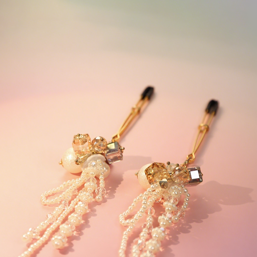 ✨ Whispers of Elegance Play Tool – Handcrafted Pearl Gemstone Nipple Clamps 💎 | Sensual Pleasure for Couples 💫